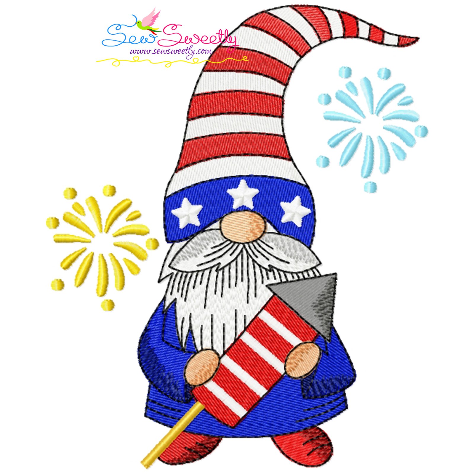 4th Of July Patriotic Gnome Rocket Fireworks Machine Embroidery Design