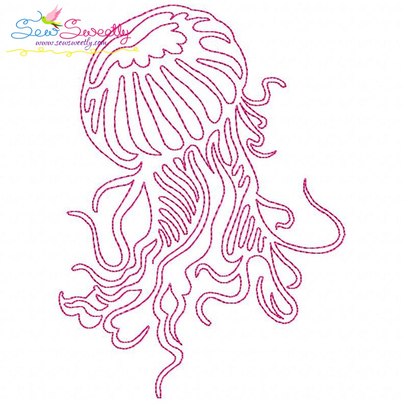 One Line Vintage Redwork Stitch Jellyfish Machine Embroidery Design