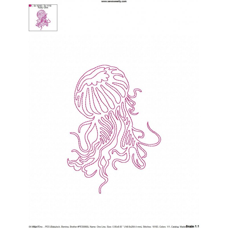 One Line Vintage Redwork Stitch Jellyfish Machine Embroidery Design